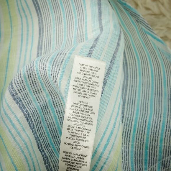 Chico's 3 Size XL Blue Stripe Print Button Tab Sleeve No Iron Linen Tunic Top - Picture 6 of 7